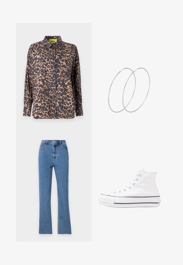 Puffová bunda v olivovej zelenej farbe, s kapucňou, zipsovým zapínaním, dvomi prednými vreckami a prešívaným diamantovým vzorom. Tkanina vyzerá hladko a mäkko.; Košeľa s leopardím vzorom, s golierom, dlhými rukávmi a gombíkmi. Vyrobená z hladkej látky, s tmavým podkladom a svetlohnedými škvrnami a vreckom na hrudi.; Úzke modré džínsy vyrobené z denimu, s vysokým pásom, rozšírenými nohavicami a decentnými šitými detailmi. Klasický design s piatimi vreckami.; Biele vysoké plátené tenisky s čiernou gumovou podošvou, prednou gumovou špičkou a šiestimi okami na šnúrky, s čistým, minimalistickým dizajnom.; Strieborné kruhové náušnice s minimalistickým dizajnom. Cirkulárny tvar, hladký povrch a tenký profil. Ľahké s lesklým povrchom.