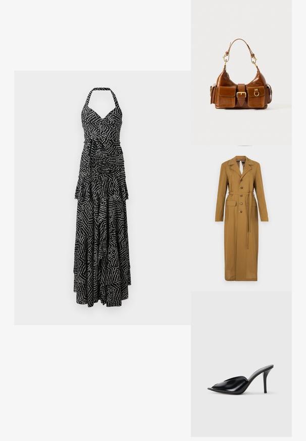 Rudas ilgas paltas su diržo juosmenyje, su įpjautu coloriu, sagų uždarymu ir dviem šoninėmis kišenėmis, pagamintas iš lygaus, struktūrizuoto audinio.; Juoda ir balta maxi suknelė su halter kaklo iškirpte, raukšlėta krūtine, sluoksniuota volanų apačia ir geomatiniu taškų bei linijų raštu.; Juodos odinės aukštakulnės mules su atvira pirštine, smailiu dizainu, lygiu paviršiumi ir plonu stiletto kulnu.; Ruda odinė rankinė su išlenkta forma, dvigubais auksinės spalvos detalėmis, dviem priekiniais kišenėmis ir plačia dirželiu. Lygi tekstūra su blizgiu paviršiumi.