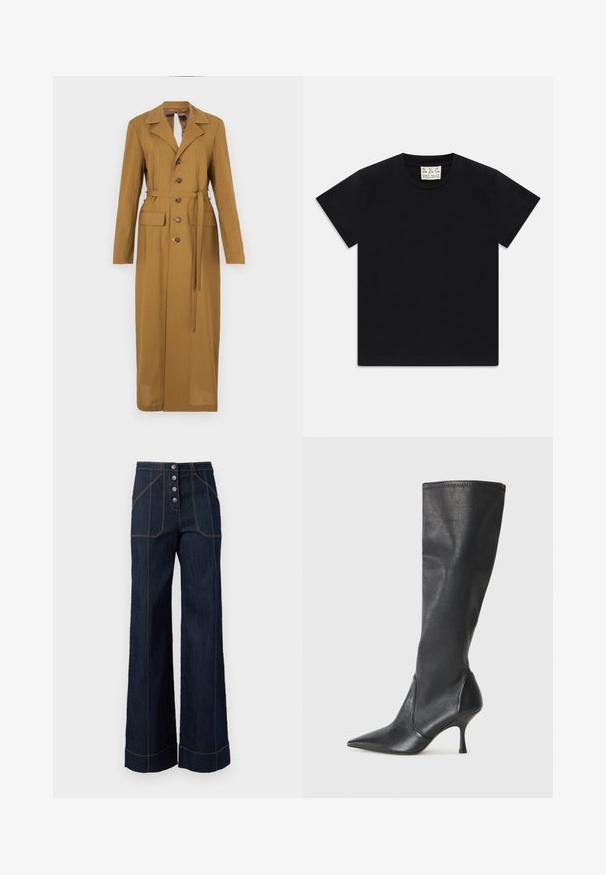 Cămașă lungă maro cu talie accentuată prin curea, guler cu unghiuri, închidere cu nasturi și două buzunare laterale, realizată dintr-un material neted și structurat.; Tricou negru cu mânecă scurtă și guler rotund, având un etichetă albă în interiorul gulerului, inscripționată cu "D.R.C. EST. 2002" pe un fundal alb.; Pantaloni din denim închis, cu picioare largi, talie înaltă, închidere frontală cu cinci nasturi și cusături aurii în contrast. Include buzunare mari în față.; Botine din piele neagră, până la genunchi, cu vârf ascuțit și toc subțire stiletto. Textură netedă, cu un design ajustat și cusături la marginea superioară.