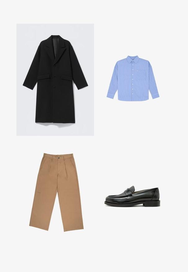 Černý dlouhý vlněný kabát s klopami s výřezy, třemi knoflíky vpředu a dvěma klopovými kapsami, položeny na světlém pozadí.; Modrá pruhovaná košile s dlouhými rukávy, zapínáním na knoflíky a náprsní kapsou. Má úzké vertikální pruhy v různých odstínech modré.; Béžové kalhoty vyrobené z látky s hladkým povrchem, se záhyby, zapínáním na knoflík a logem vyšitou blízko lemu.; Černé kožené mokasíny s texturovaným černým koženým akcentem, zaoblenou špičkou a nízkým blokovým podpatkem; zahrnují dekorativní kovový prvek.
