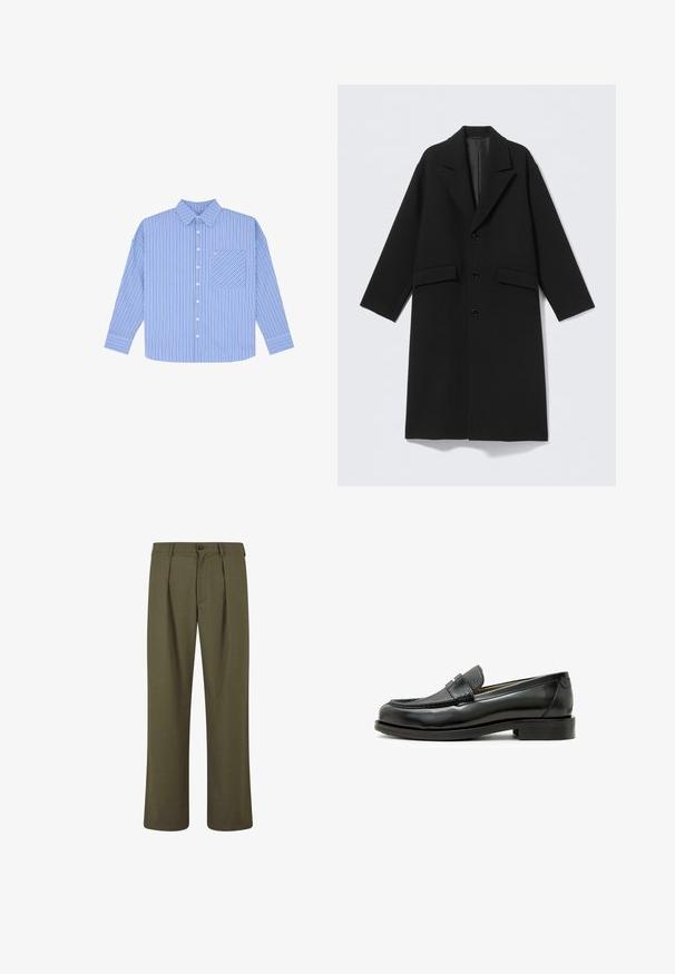 Svart lång ullrock med uppslagna slag, tre knappar framtill och två fickor med klaff, visad liggande på en ljus bakgrund.; Blå randig skjorta med långa ärmar, knappstängning och bröstficka. Har smala vertikala ränder i varierande nyanser av blått.; Olivgrön byxor med skräddarsydd passform, med veck framtill, knappstängning och raka ben. Mjuk tygtextur.; Svart läder loafer med en strukturerad svart läderdetalj, rund tå och en låg blockklack; har en dekorativ metallisk detalj.