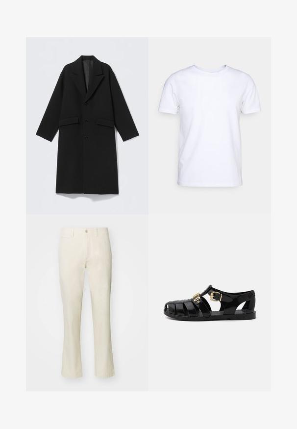 Cappotto lungo nero in lana con rever a lancia, tre bottoni frontali e due tasche con patta, mostrato steso su uno sfondo chiaro.; T-shirt bianca a maniche corte in cotone con scollatura rotonda. Design semplice senza fantasie o accenti. Texture liscia.; Pantaloni in cotone beige con design a gamba dritta, dotati di chiusura a bottone e tasca laterale. Tessuto morbido e stile semplice.; Sandali neri in gomma con design a intaglio, dotati di chiusura con fibbia dorata e soletta testurizzata. Logo stampato sul tallone.