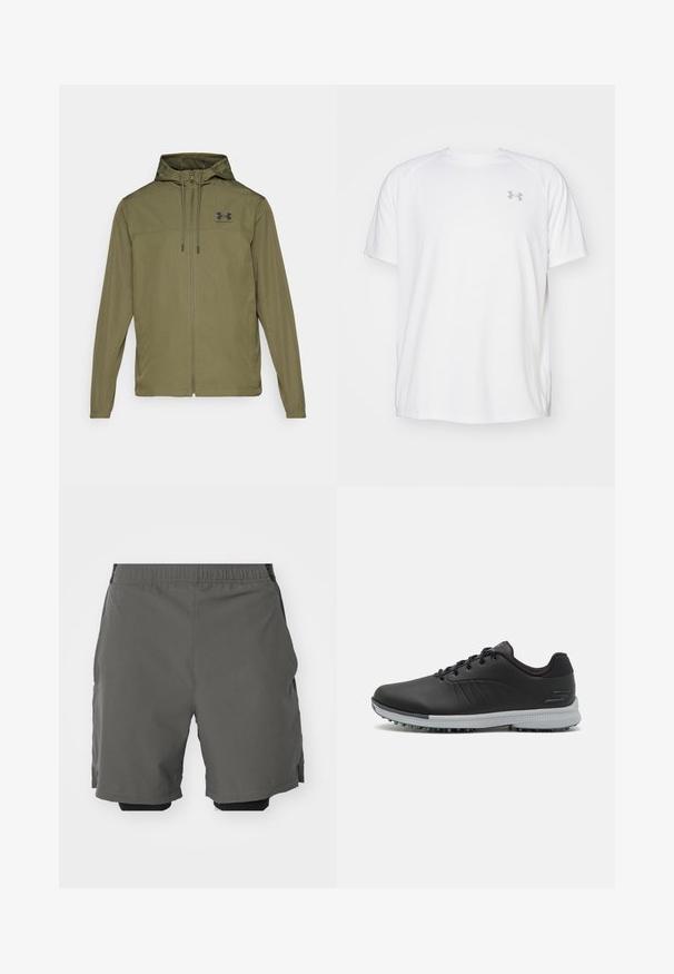 Olívovo zelená ľahká bunda so zipsom vpredu, nastaviteľnou kapucňou a čiernym logom na hrudi. Má dlhé rukávy a bočné vrecká.; Biele atletické tričko s krátkym rukávom vyrobené z hladkej tkaniny. Má okrúhly výstrih a šedé logo na ľavej hrudi, so štrbinami po stranách na leme.; Sivé športové šortky s hladkým, ľahkým materiálom a elastickým pásom, s vnútornými kompresnými šortkami a bočnými vreckami.; Čierne syntetické golfové topánky so štruktúrovaným zvrškom, s viazaním a šedou podrážkou s hrotmi pre lepšiu trakciu.