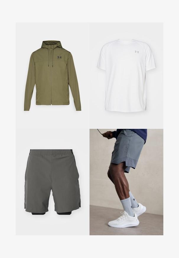 Olíva zöld, könnyű dzseki cipzárral elöl, állítható kapucnival és fekete logóval a mellkasán. Hosszú ujjakkal és oldalsó zsebekkel rendelkezik.; Fehér, rövid ujjú sportpóló sima anyagból. Kerek nyakkivágással és szürke logóval a bal mellkasnál, az alján oldalsó hasítékokkal.; Szürke sportnadrág sima, könnyű anyagból, gumis derékrésszel, belső kompressziós sorttal és oldalsó zsebekkel.; Fehér sportcipők, amelyek texturált hálós felsőrésszel rendelkeznek, világoskék bordázott zoknival, amely logót visel. Szürke sportshortok perforált díszítéssel.