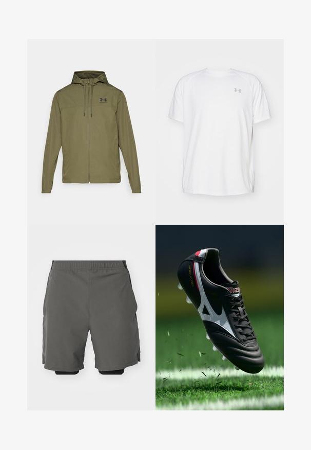 Giacca leggera verde oliva con zip frontale, cappuccio regolabile e logo nero sul petto. Presenta maniche lunghe e tasche laterali.; Maglietta da ginnastica bianca a maniche corte realizzata in tessuto liscio. Presenta un colletto rotondo e un logo grigio sul lato sinistro del petto, con fessure laterali all'orlo.; Pantaloni corti sportivi grigi realizzati in un tessuto liscio e leggero, con una vita elastica, dotati di pantaloni interni compressivi e tasche laterali.; Scarpa da calcio nera con dettagli bianchi, tomaia in pelle, lacci rialzati e sei tacchetti trasparenti, sospesa sopra l'erba verde con detriti sparsi.