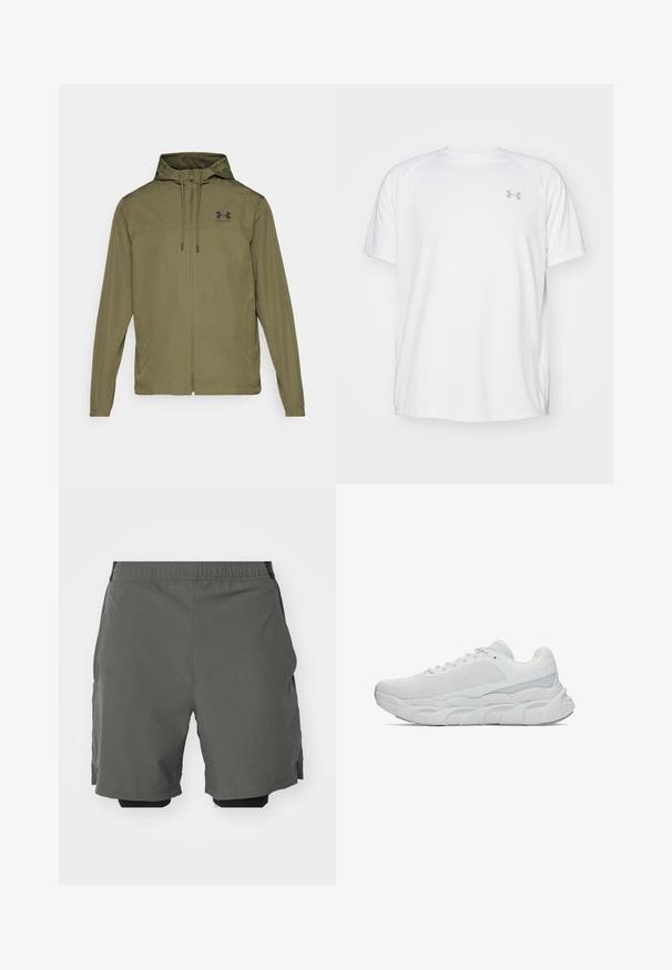 Veste légère vert olive avec fermeture éclair à l'avant, capuche réglable et logo noir sur la poitrine. Elle dispose de manches longues et de poches latérales.; T-shirt de sport à manches courtes de couleur blanche, fabriqué en tissu lisse. Il présente un col rond et un logo gris sur la poitrine gauche, avec des fentes sur les côtés au niveau de l'ourlet.; Shorts de sport gris en tissu lisse et léger avec une taille élastique, dotés de shorts de compression intérieurs et de poches latérales.; Baskets de sport blanches avec un dessus en maille texturée, une semelle rembourrée et un design superposé. Comprend des lacets et un bout arrondi. Accents lisses sur le talon.