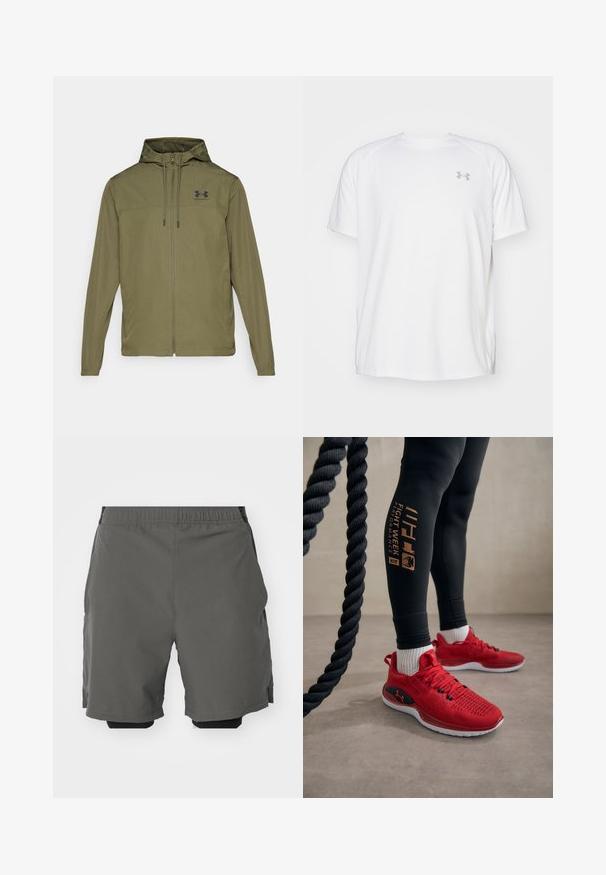 Olivengrøn letvægtsjakke med lynlås foran, justerbar hætte og sort logo på brystet. Har lange ærmer og sidelommer.; Hvid kortærmet sportsbluse lavet af glat stof. Har en rund halsudskæring og et gråt logo på venstre bryst, samt slidser i siderne ved kanten.; Grå atletiske shorts lavet af et glat, let stof med elastisk talje, der inkluderer indre kompressionsshorts og sidelommer.; Røde sportsko med sorte detaljer, struktureret mesh-overdel og hvid sål. Sorte leggings med guld grafisk detalje og tyk snor i baggrunden.