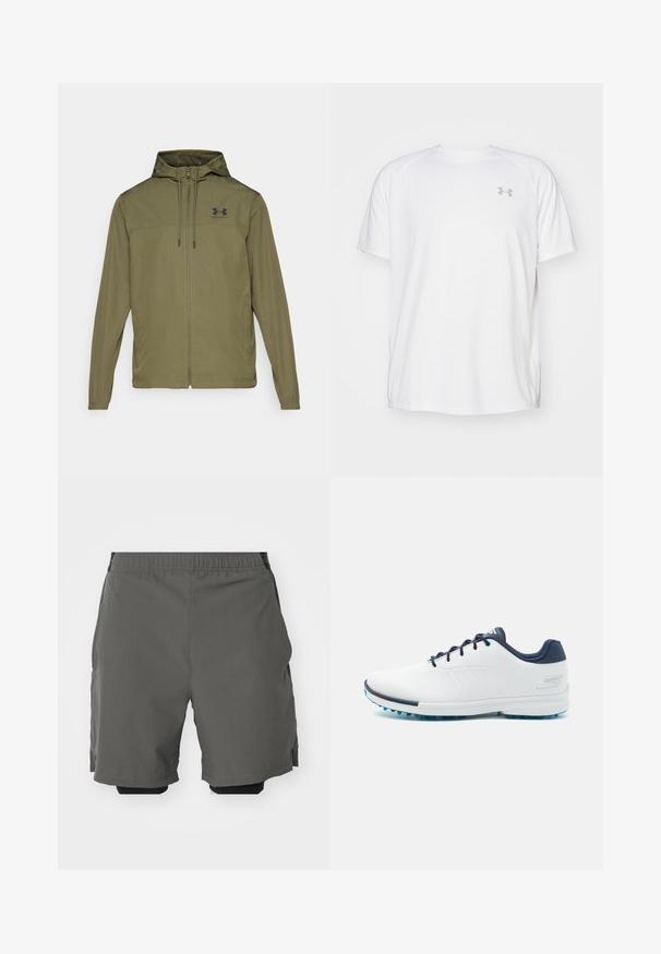 Olive zeleno lahko jakno z zadrgo spredaj, nastavljivo kapuco in črnimi logotipom na prsih. Ima dolge rokave in stranske žepe.; Bela kratka športna majica s kratkimi rokavi, izdelana iz gladkega blaga. Ima okroglo ovratnico in sivo logotip na levi prsi ter stranske razpoke na robu.; Sive športne hlače z gladkim, lahkim materialom in elastičnim pasom, ki vsebujejo notranje kompresijske hlače in stranske žepke.; Bela športna obutev z gladkim sintetičnim zgornjim delom, modrimi akcenti, teksturiranim mornarsko modrim petnim delom in lahkim podplatom z bodicami za oprijem.