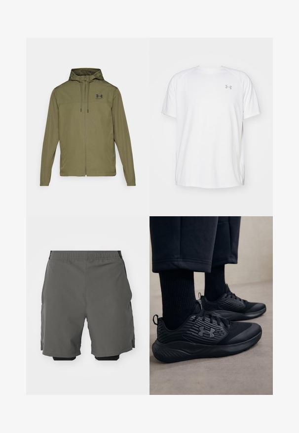 Olive green lightweight jacket with a zip front, adjustable hood, and black logo on the chest. Features long sleeves and side pockets.; White short-sleeve athletic shirt made of smooth fabric. Features a crew neck and gray logo on the left chest, with side slits at the hem.; Gray athletic shorts with a smooth, lightweight fabric and an elastic waistband, featuring inner compression shorts and side pockets.; Person wearing black athletic sneakers with textured sides and logo, paired with black socks and cropped pants on a light floor.