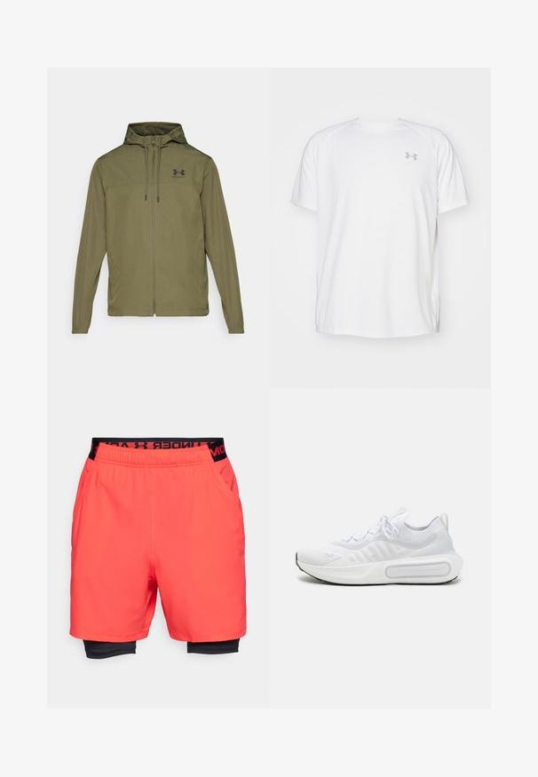 Olivgrön lättviktsjacka med dragkedja fram, justerbar huva och svart logotyp på bröstet. Har långärmade ärmar och sidfickor.; Vit kortärmad träningsskjorta tillverkad av mjukt tyg. Har rund halsringning och en grå logo på vänster bröst, med sidoflikar vid fållen.; Under Armour VANISH STS - Dubbla shorts - racer red/black; Vit sportskor med en texturerad stickad ovandel, snörning, vadderad sula och en distinkt varumärkesdetalj på sidan.
