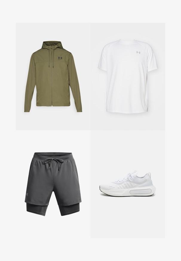 Olijfgroene lichtgewicht jas met een rits aan de voorkant, verstelbare capuchon en zwart logo op de borst. Heeft lange mouwen en zijzakken.; Witte sportieve T-shirt met korte mouwen, gemaakt van gladde stof. Heeft een ronde hals en een grijs logo op de linkerkant van de borst, met zijsplitten aan de zoom.; Heren sportshorts in donkergrijs, met een drawstring taille, vochtregulerend materiaal, buitenlaag met een binnenvoering.; Witte sportieve schoen met een geweven bovenkant, vetersluiting, gevoerde zool en een kenmerkend merkteken aan de zijkant.