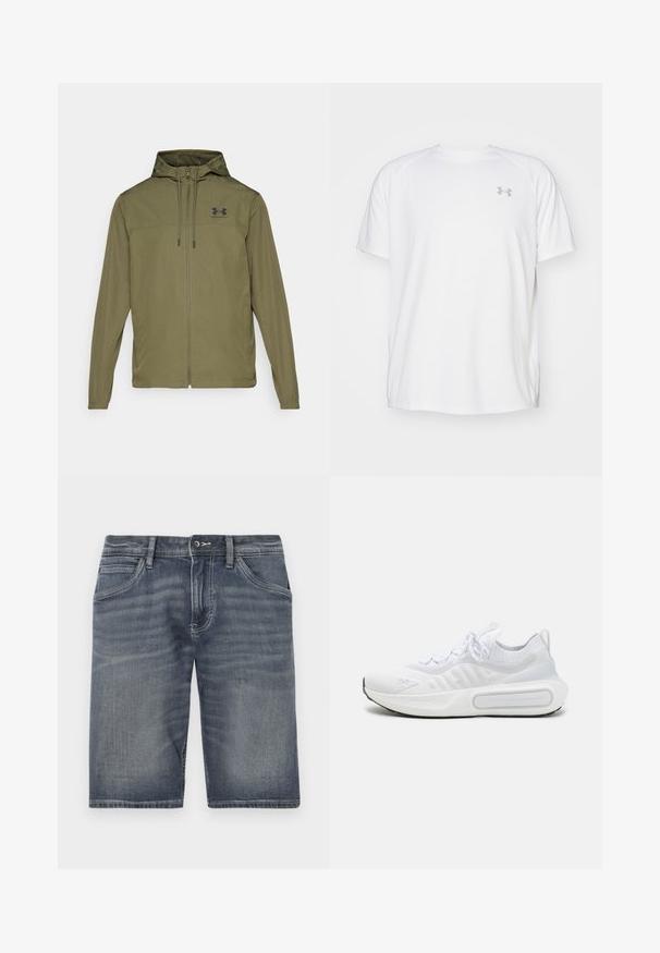 Olive green lightweight jacket with a zip front, adjustable hood, and black logo on the chest. Features long sleeves and side pockets.; White short-sleeve athletic shirt made of smooth fabric. Features a crew neck and gray logo on the left chest, with side slits at the hem.; Denim shorts in a faded blue hue, featuring a button and zipper closure, five pockets, and visible stitching detail.; White athletic shoe with a textured knit upper, lace-up closure, cushioned sole, and a distinctive branding detail on the side.