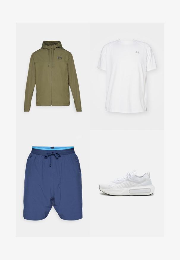 Olive green lightweight jacket with a zip front, adjustable hood, and black logo on the chest. Features long sleeves and side pockets.; White short-sleeve athletic shirt made of smooth fabric. Features a crew neck and gray logo on the left chest, with side slits at the hem.; Navy blue shorts with an elastic waistband, light blue accents, and side pockets. Made of a smooth, lightweight material.; White athletic shoe with a textured knit upper, lace-up closure, cushioned sole, and a distinctive branding detail on the side.