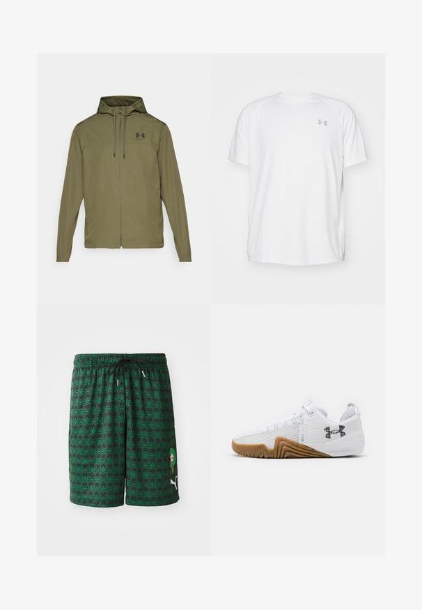 Olive zaļš viegls jaka ar rāvējslēdzēju priekšpusē, regulējamu kapuci un melnu logotipu uz krūtīm. Iezīmē garas piedurknes un sānu kabatas.; Baltas īsajiem piedurknēm sporta krekls, izgatavots no gludas auduma. Tam ir apaļa kakla izgriezums un pelēks logo uz kreisās krūtis, kā arī sānu šķēlumi apakšmalā.; Melni īsi šorti ar ģeometrisku zaļu rakstu, aprīkoti ar elastīgu jostasvietu un aukliņu. Iekļauts Marokas emblem un Puma logo.; Balti sporta apavi ar sietu augšdaļu, gumijas zoli ar gumijas krāsu, teksturētām akcentiem un melnu logo sānos.