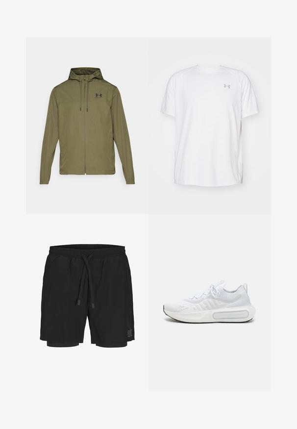 Olive zeleno lahko jakno z zadrgo spredaj, nastavljivo kapuco in črnimi logotipom na prsih. Ima dolge rokave in stranske žepe.; Bela kratka športna majica s kratkimi rokavi, izdelana iz gladkega blaga. Ima okroglo ovratnico in sivo logotip na levi prsi ter stranske razpoke na robu.; Črne kopalke iz lahkega blaga z elastičnim pasom, nastavljivo vrvico in notranjo oblogo. Imajo logotip na strani.; Bela športna čevlja s teksturirano pletenino, vezanjem na vezalke, blaženim podplatom in značilnim logotipom na strani.