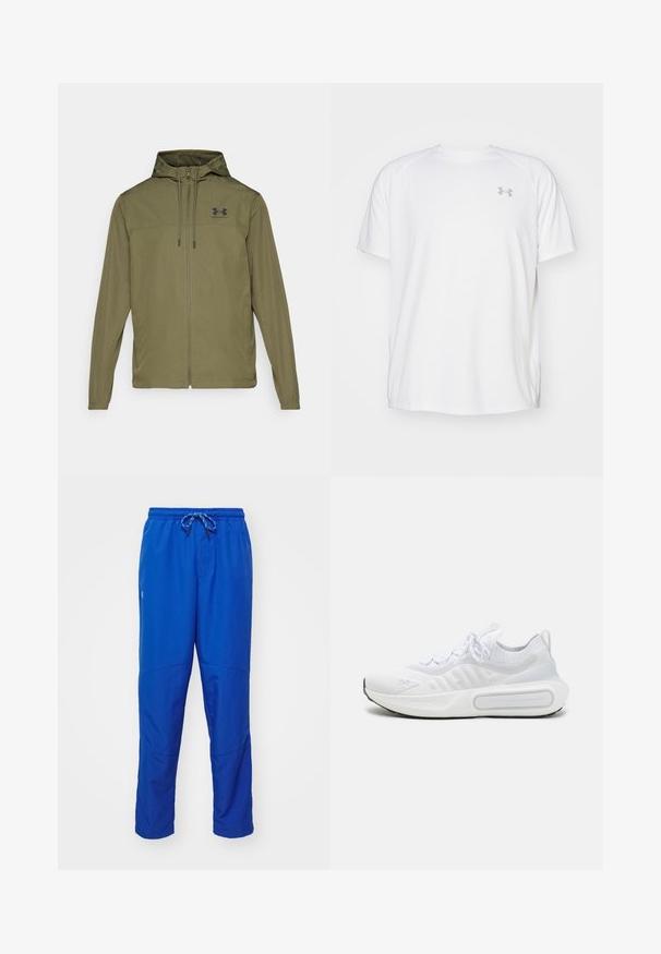 Olíva zöld, könnyű dzseki cipzárral elöl, állítható kapucnival és fekete logóval a mellkasán. Hosszú ujjakkal és oldalsó zsebekkel rendelkezik.; Fehér, rövid ujjú sportpóló sima anyagból. Kerek nyakkivágással és szürke logóval a bal mellkasnál, az alján oldalsó hasítékokkal.; Kék sportnadrág rugalmas derékkal és állítható zsinórral. Panelvarrásokkal és laza szabással rendelkezik. Sima textúrájú.; Fehér sportcipő texturált kötött felsőrésszel, fűzős záródással, párnázott talppal és egyedi márkajelzéssel az oldalon.