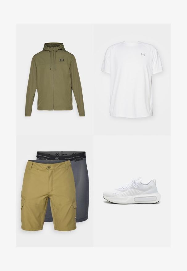 Olivengrøn letvægtsjakke med lynlås foran, justerbar hætte og sort logo på brystet. Har lange ærmer og sidelommer.; Hvid kortærmet sportsbluse lavet af glat stof. Har en rund halsudskæring og et gråt logo på venstre bryst, samt slidser i siderne ved kanten.; To sæt shorts: et olivengrønt sæt med lommer og en tekstureret talje, og et sæt mørkegrå mesh-liner synligt derunder.; Hvid atletiksko med et struktureret strikoverdel, snørelukning, polstret sål og et karakteristisk branddetalje på siden.