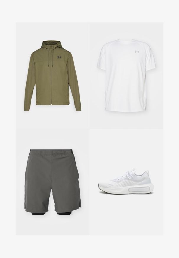 Olivově zelená lehká bunda se zipem vpředu, nastavitelnou kapucí a černým logem na hrudi. Vybavena dlouhými rukávy a bočními kapsami.; Bílé sportovní tričko s krátkým rukávem vyrobené z hladké látky. Má kulatý výstřih a šedé logo na levé straně hrudi, s bočními rozparky na lemu.; Šedé sportovní šortky z hladkého, lehkého materiálu s elastickým pasem, obsahující vnitřní kompresní šortky a boční kapsy.; Bílé sportovní boty s texturovaným úpletem, šněrováním, polstrovanou podrážkou a výrazným logem na boku.