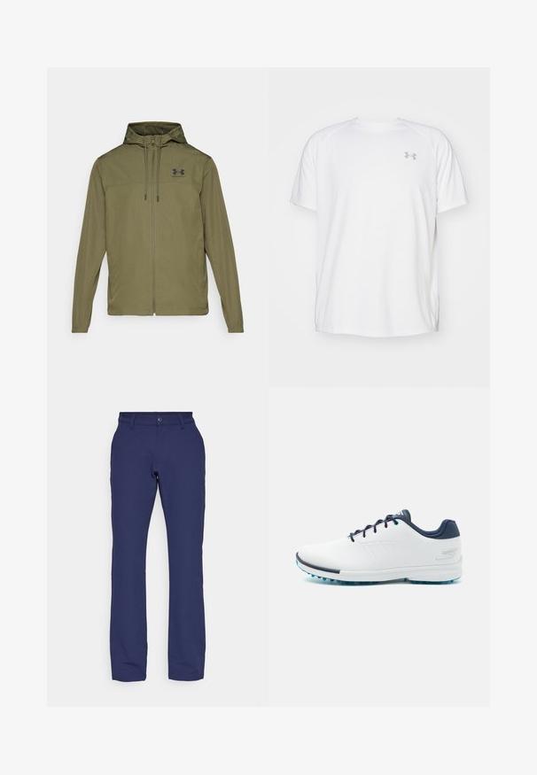 Olíva zöld, könnyű dzseki cipzárral elöl, állítható kapucnival és fekete logóval a mellkasán. Hosszú ujjakkal és oldalsó zsebekkel rendelkezik.; Fehér, rövid ujjú sportpóló sima anyagból. Kerek nyakkivágással és szürke logóval a bal mellkasnál, az alján oldalsó hasítékokkal.; Sötétkék nadrág puha, rugalmas anyagból. Egyenes szárú fazon, övhurkokkal és elülső gombos zárással rendelkezik.; Fehér sportcipők sima szintetikus felsőrésszel, kék díszítéssel, texturált sötétkék sarokkal és könnyű, tüskés talppal a tapadás érdekében.