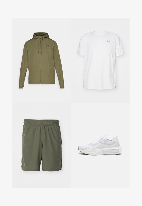 Vihreä oliivinvärinen kevyt takki, jossa on vetoketjukiinnitys, säädettävä huppu ja musta logo rinnassa. Takissa on pitkät hihat ja sivutaskut.; Valkoinen lyhythihainen urheilupaita, joka on valmistettu sileästä kankaasta. Paidassa on pyöreä kaula-aukko ja harmaa logo vasemmassa rinnassa, sekä sivuhalkiot helmassa.; Oliivivihreät shortsit, jotka on valmistettu kevyestä materiaalista. Niissä on elastinen vyötärö ja sivuleikkaukset, jotka mahdollistavat liikkeen vapauden. Yksinkertainen muotoilu.; Valkoinen urheilukenkä, jossa on teksturoitu neulepinta, nauhakiinnitys, pehmustettu pohja ja erottuva brändityyli sivussa.