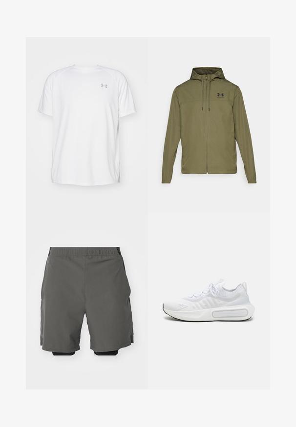 Olivgrüne, leichte Jacke mit Reißverschluss und verstellbarer Kapuze sowie schwarzem Logo auf der Brust. Sie hat lange Ärmel und seitliche Taschen.; Weißes kurzärmeliges Sportshirt aus glattem Material. Mit Rundhalsausschnitt und grauem Logo auf der linken Brust, sowie seitlichen Schlitzen am Saum.; Graue Sportshorts aus glattem, leichtem Stoff mit einem elastischen Bund, ausgestattet mit inneren Kompressionsshorts und Seitentaschen.; Weißer Sportschuh mit einem strukturierten Strick-Obermaterial, Schnürverschluss, gepolsterter Sohle und einem markanten Branding-Detail an der Seite.