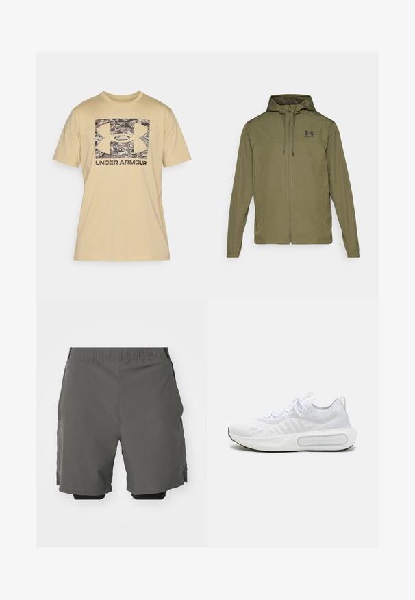 Casaco leve verde-oliva com fecho frontal em zip, capuz ajustável e logótipo preto no peito. Apresenta mangas longas e bolsos laterais.; Camisa de algodão bege com mangas curtas. Apresenta um logótipo da Under Armour em padrão de camuflagem e letras escuras abaixo do logótipo.; Calças curtas atléticas cinzentas com um tecido leve e suave, cintura elástica, com calções de compressão interiores e bolsos laterais.; Sapatilha desportiva branca com um upper em malha texturizada, fecho com atacadores, sola almofadada e um detalhe de marcação distintiva na lateral.