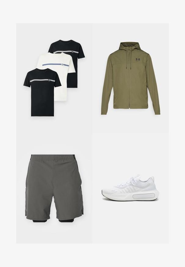Oliven grønn lett jakke med glidelås foran, justerbar hette og svart logo på brystet. Har lange ermer og sidelommer.; Tre t-skjorter: to svarte og en hvit, alle med korte ermer, med horisontale striper og en liten logo på brystet.; Grå treningsshorts med et glatt, lett stoff og elastisk midje, med indre kompresjonsshorts og sidelommer.; Hvit atletisk sko med et teksturert strikket overdel, snøring, polstret såle og et distinkt merkeelement på siden.