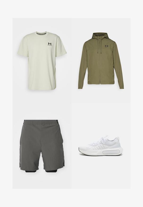 Olive green lightweight jacket with a zip front, adjustable hood, and black logo on the chest. Features long sleeves and side pockets.; Under Armour LOGO HEAVYWEIGHT - Basic T-shirt - silt/black; Gray athletic shorts with a smooth, lightweight fabric and an elastic waistband, featuring inner compression shorts and side pockets.; White athletic shoe with a textured knit upper, lace-up closure, cushioned sole, and a distinctive branding detail on the side.