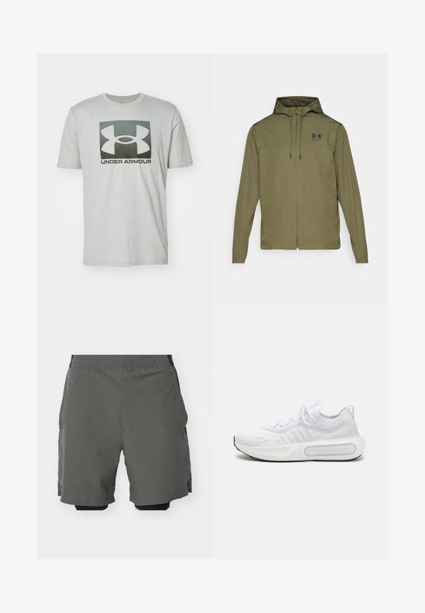 Olive green lightweight jacket with a zip front, adjustable hood, and black logo on the chest. Features long sleeves and side pockets.; Light gray cotton t-shirt featuring a large black and gray Under Armour logo on the front, round neckline, and short sleeves.; Gray athletic shorts with a smooth, lightweight fabric and an elastic waistband, featuring inner compression shorts and side pockets.; White athletic shoe with a textured knit upper, lace-up closure, cushioned sole, and a distinctive branding detail on the side.