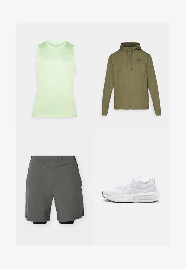 Olive spalvos lengvas švarkas su užtrauktuku priekyje, reguliuojama kepure ir juodu logotipu ant krūtinės. Siunčiami ilgomis rankovėmis ir šoninėmis kišenėmis.; Šviesiai žalia be rankovių palaidinė, pagaminta iš lygaus audinio, su apvaliu iškirpimu ir subtiliu „CNZ“ logotipu, atspausdintu priekyje.; Pilki sportiniai šortai su lygiu, lengvu audiniu ir elastiniu juosmeniu, su vidiniais kompresiniais šortais ir šoninėmis kišenėmis.; Baltas sportinis batelis su tekstūruota trikotažo viršutine dalimi, su raišteliais, paminkštintu padu ir išskirtiniu ženklas šone.