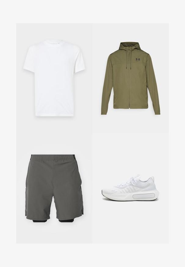 Casaco leve verde-oliva com fecho frontal em zip, capuz ajustável e logótipo preto no peito. Apresenta mangas longas e bolsos laterais.; T-shirt de algodão branca com decote redondo e mangas curtas. Apresenta um pequeno logótipo em relevo no lado esquerdo do peito. Textura suave.; Calças curtas atléticas cinzentas com um tecido leve e suave, cintura elástica, com calções de compressão interiores e bolsos laterais.; Sapatilha desportiva branca com um upper em malha texturizada, fecho com atacadores, sola almofadada e um detalhe de marcação distintiva na lateral.