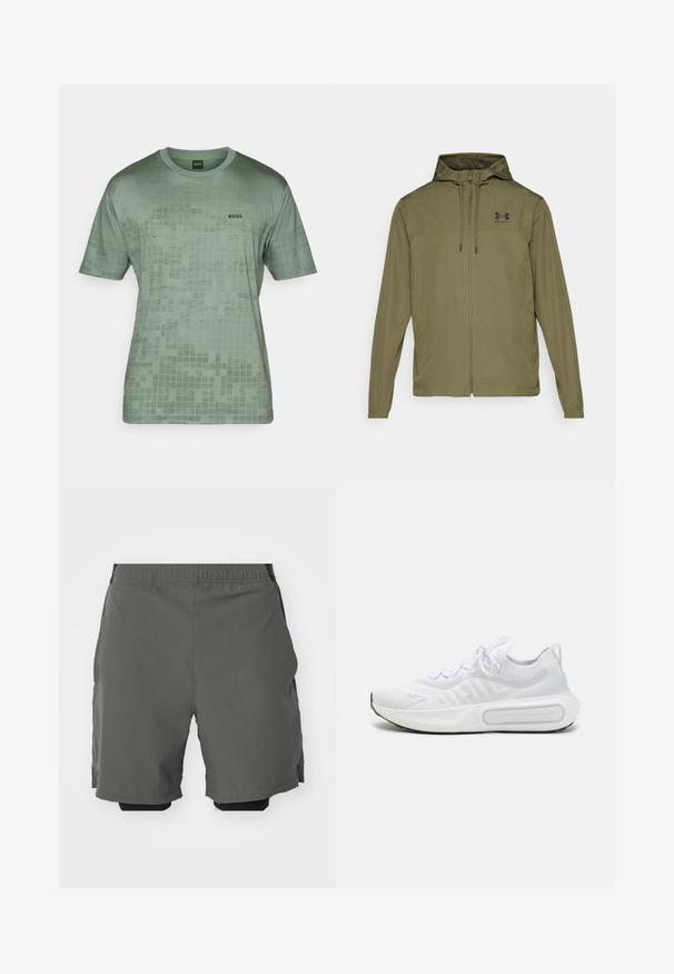 Olivengrøn letvægtsjakke med lynlås foran, justerbar hætte og sort logo på brystet. Har lange ærmer og sidelommer.; Grøn kortærmet T-shirt lavet af glat stof, med et rutemønster og et sort "BOSS" logo på venstre bryst.; Grå atletiske shorts lavet af et glat, let stof med elastisk talje, der inkluderer indre kompressionsshorts og sidelommer.; Hvid atletiksko med et struktureret strikoverdel, snørelukning, polstret sål og et karakteristisk branddetalje på siden.