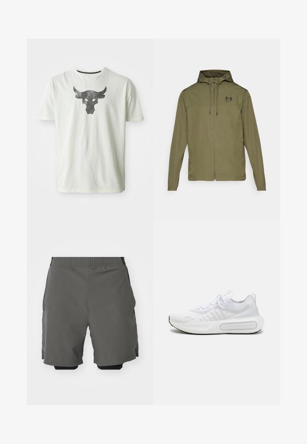 Olijfgroene lichtgewicht jas met een rits aan de voorkant, verstelbare capuchon en zwart logo op de borst. Heeft lange mouwen en zijzakken.; Witte katoenen T-shirt met een metallic zwart stierenkop graphic gecentreerd op de borst. Korte mouwen en ronde hals.; Grijze sportshorts van een gladde, lichte stof met een elastische tailleband, voorzien van binnenste compressieshorts en zijzakken.; Witte sportieve schoen met een geweven bovenkant, vetersluiting, gevoerde zool en een kenmerkend merkteken aan de zijkant.