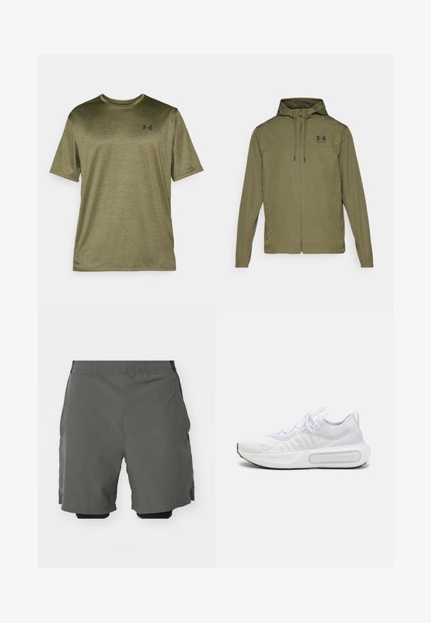 Olivengrøn letvægtsjakke med lynlås foran, justerbar hætte og sort logo på brystet. Har lange ærmer og sidelommer.; Oliven grøn T-shirt med kortærmer og rund halsudskæring, som har en subtil meleret tekstur og et sort logo på brystet.; Grå atletiske shorts lavet af et glat, let stof med elastisk talje, der inkluderer indre kompressionsshorts og sidelommer.; Hvid atletiksko med et struktureret strikoverdel, snørelukning, polstret sål og et karakteristisk branddetalje på siden.