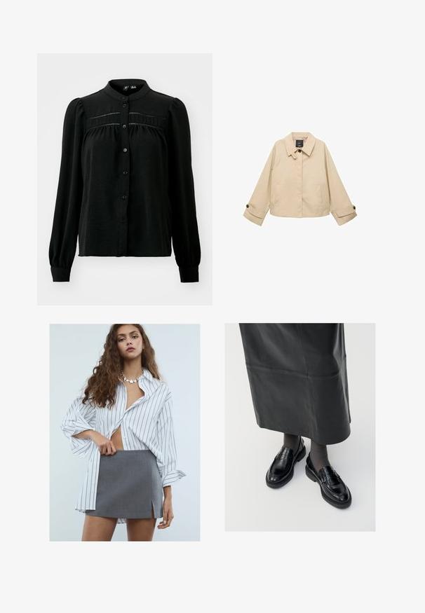Béžová skrátená bunda s okrúhlym golierom, dvoma prednými vreckami a zapínaním na manžetách. Vyrobená z hladkej, ľahkej tkaniny.; Vero Moda VMEMMA - Blúzka so zapínaním na gombíky - black; Mladá žena s dlhými kučeravými vlasmi, oblečená v bielej oversized košeli s prúžkami, sivej mini sukni s predným rozparkom a náhrdelníkom v tvare hviezdy.; Čierne kožené poltopánky s hladkým povrchom, s dekoratívnym pásikom, okrúhlou špičkou a textúrovanou podrážkou. Nosené s dlhou čiernou koženou sukňou.