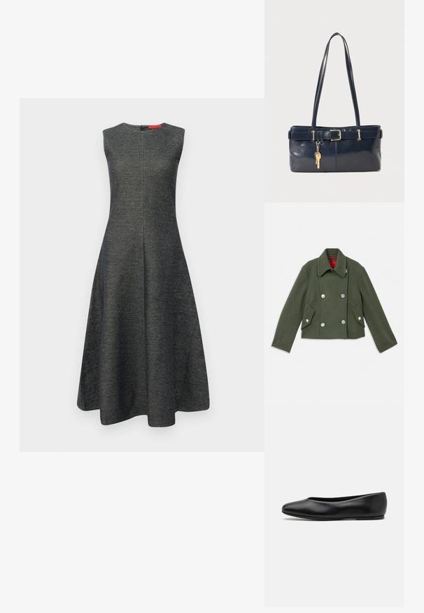 Dvostruko dugme jakna od tamnozelenog vune sa srebrnim okruglim dugmadi, oštrim kragnom i dva kuta prednja džepa. Detalj podstave u crvenoj boji.; Siva haljina bez rukava s lepršavim siluetom, izrađena od tekstruiranog materijala. Ima skriveni stražnji zatvarač i glatki izrez na vratu.; Paul Smith TOPANGA - Balerinke - black; Morska kožna torbica s dva duga ramena, detaljem kopče i privjeskom za ključeve. Ima glatku teksturu i pravokutni oblik.