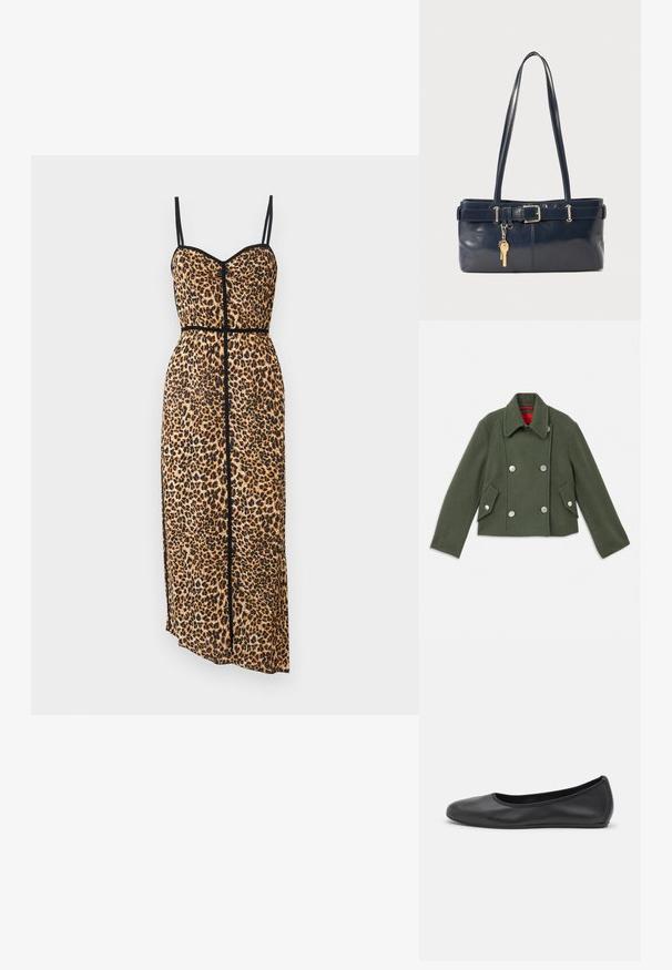 Dvojitě zapínaný kabát z tmavě zelené vlněné směsi se stříbrnými kulatými knoflíky, klopovým límcem a dvěma šikmými předními kapsami. Červený podšívkový detail.; Šaty bez rukávů s leopardím potiskem a černými akcenty; přiléhavá korzetová část, rozšířená sukně a boční rozparek. Vyrobeno z lehké, texturované tkaniny.; Černé kožené baletní byty s kulatou špičkou, hladkou texturou, minimálními švy a flexibilním designem podrážky.; Námořnická kožená kabelka s dvěma dlouhými uchy, detaily s přezkou a připevněným klíčenkou. Vyznačuje se hladkým povrchem a obdélníkovým tvarem.