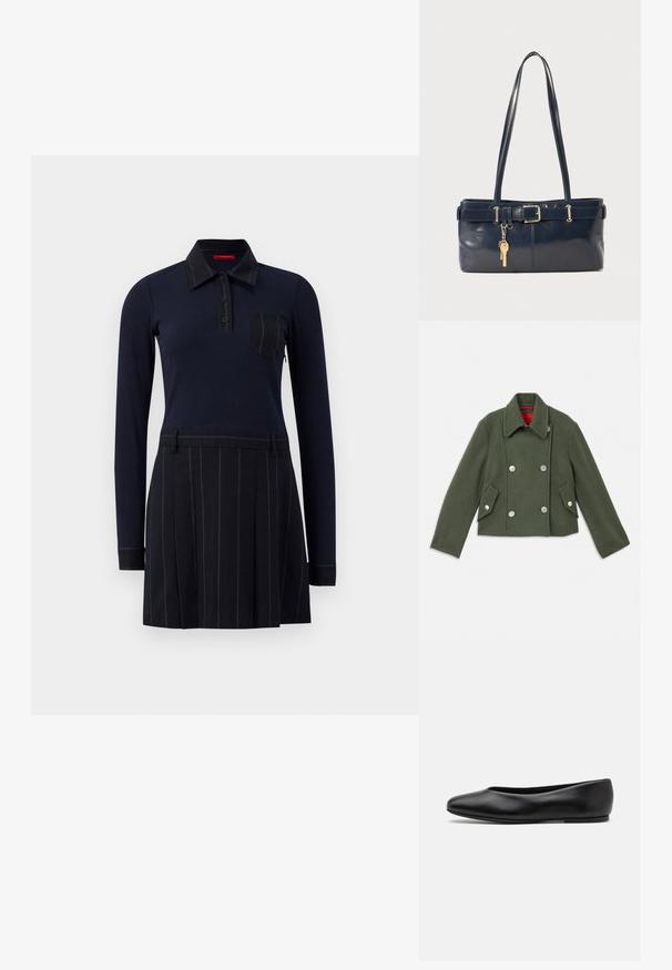 Dvojni plašč iz temno zelene mešanice volne s srebrnimi okroglimi gumbi, zareznim ovratnikom in dvema nagnjenima sprednjima žepoma. Rdeča podloga.; Mornarica polo obleka z dolgimi rokavi, rebrasto teksturo, zapiranje na gumb in žep na prsih; krilo ima navpične črte in naborke.; Paul Smith TOPANGA - Balerinke - black; Mornarska usnjena torbica z dvema dolgima ročajema, dodatkom z zaponko in pritrjeno ključavnico. Ima gladko teksturo in pravokotno obliko.