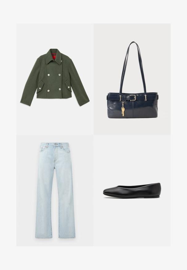 Double-breasted jacket in dark green wool blend with silver round buttons, notched collar, and two angled front pockets. Red lining detail.; Light grey sleeveless sweater with a ribbed neckline and hem. Features three textured floral appliqués on the front. Brand label: MAX&Co.; Light blue denim jeans with a high waist, wide-leg design, and subtle fading. Features classic five-pocket styling and tonal stitching accents.; Paul Smith TOPANGA - Ballet pumps - black; Navy leather handbag with two long handles, a buckle detail, and a keychain attached. Features a smooth texture and a rectangular shape.