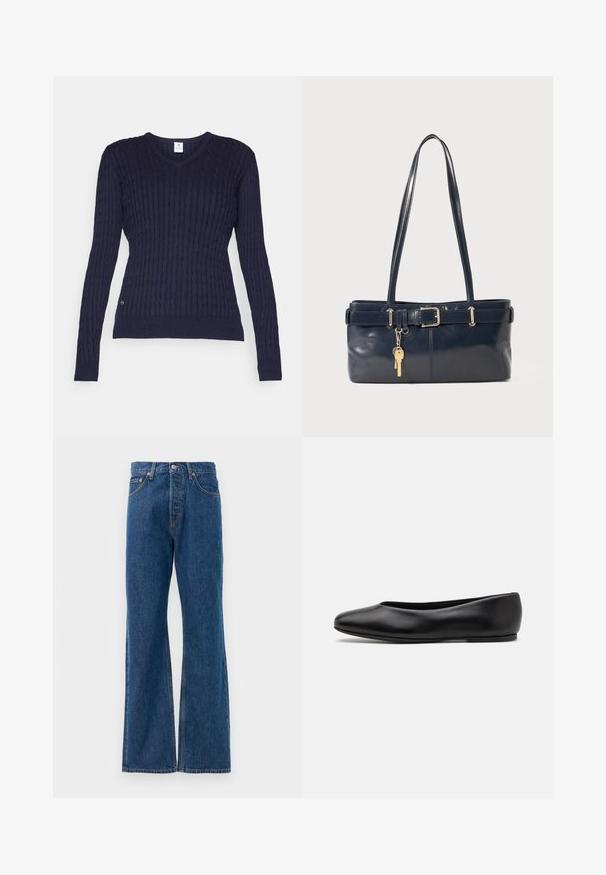 Valkoinen kaksinkertainen takki tummanvihreästä villasekoitteesta, jossa on hopeiset pyöreät napit, lovellinen kaulus ja kaksi vinosti leikattua etutaskua. Punainen vuorikangas.; Daily Sports MADELENE - Neule - navy; Siniset farkkujen leveälahkeiset housut, joissa on korkea vyötärö, viisi taskua, hopeinen napitus ja näkyvät tikkauskoristeet.; Paul Smith TOPANGA - Ballerinat - black; La handbagin sininen nahka, jossa on kaksi pitkää kahvaa, Buckle-yksityiskohta ja avaimenperä kiinnitettynä. Sen pinta on sileä ja muoto on suorakulmainen.