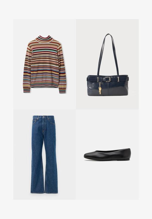 Doppelt gefütterte Jacke aus dunkelgrünem Wollmix mit silbernen runden Knöpfen, Reverskragen und zwei schrägen Fronttaschen. Rote Innenfutterdetails.; Bunt gestreifter Rollkragenpullover mit horizontalen Streifen in Rot, Blau, Gelb und Grau. Hergestellt aus weichem Stoff mit gerippten Bündchen.; Blaue, ausgestellte Jeans aus Denim mit hoher Taille, fünf Taschen, silbernem Knopfverschluss und sichtbaren Nähten.; Paul Smith TOPANGA - Klassischer Ballerina - black; Marineblaue Lederhandtasche mit zwei langen Griffen, einer Schnallen-Detailierung und einem daran befestigten Schlüsselanhänger. Besitzt eine glatte Textur und eine rechteckige Form.