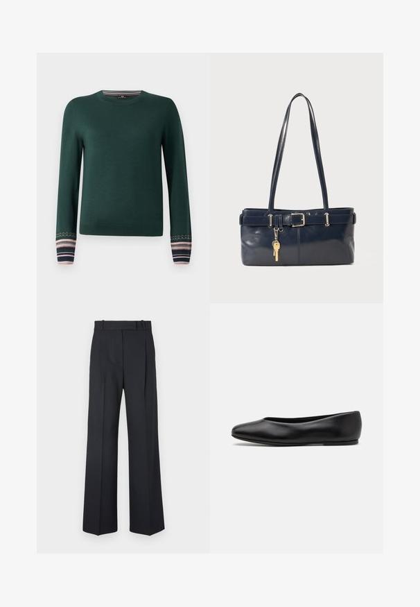 Doppelt gefütterte Jacke aus dunkelgrünem Wollmix mit silbernen runden Knöpfen, Reverskragen und zwei schrägen Fronttaschen. Rote Innenfutterdetails.; Grüner Pullover mit langen Ärmeln und Rundhalsausschnitt, mit gemusterten Bündchen in navy, pink und weißen Streifen. Aus weichem Strickstoff gefertigt.; Dunkelblaue Nadelstreifenhosen mit hoher Taille, weit geschnittenem Bein und ohne sichtbare Beschläge oder Verzierungen. Glatte Textur und taillierte Passform.; Paul Smith TOPANGA - Klassischer Ballerina - black; Marineblaue Lederhandtasche mit zwei langen Griffen, einer Schnallen-Detailierung und einem daran befestigten Schlüsselanhänger. Besitzt eine glatte Textur und eine rechteckige Form.
