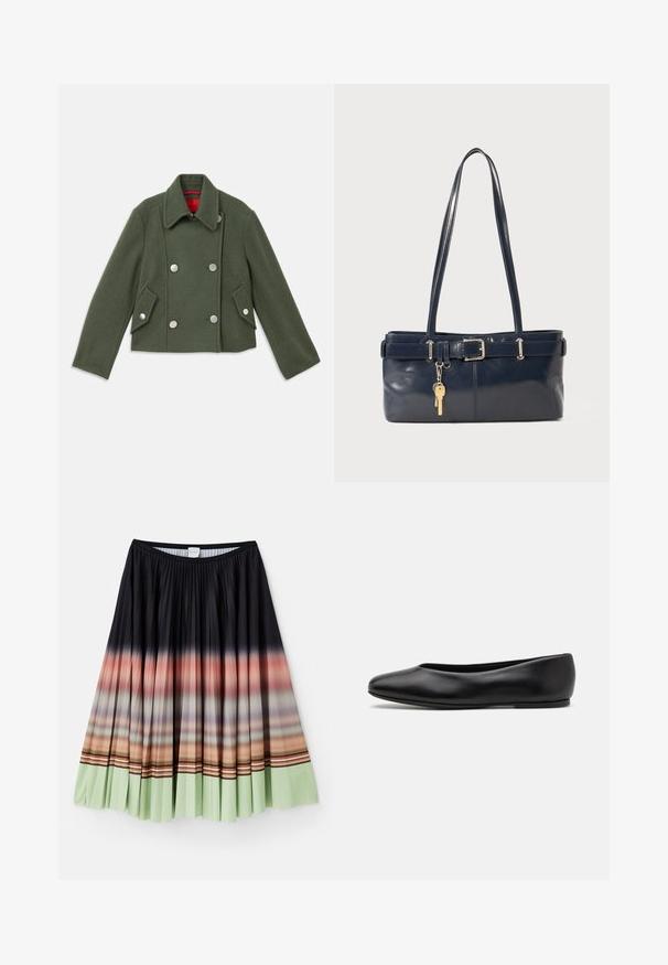 Veste croisée en mélange de laine vert foncé avec des boutons ronds argentés, col cranté et deux poches avant angulaires. Détail de doublure rouge.; Chemise à rayures avec une base blanche, présentant des lignes multicolores étroites en bleu, orange et vert. Manches longues et col classique.; Jupe plissée noire avec un dégradé ombragé passant d'orange à vert menthe à l'ourlet, dotée d'accents rayés colorés.; Paul Smith TOPANGA - Ballerines - black; Sac à main en cuir bleu marine avec deux longues poignées, un détail de boucle et un porte-clés accroché. Il présente une texture lisse et une forme rectangulaire.