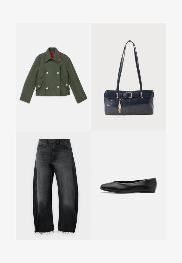 Double-breasted jacket in dark green wool blend with silver round buttons, notched collar, and two angled front pockets. Red lining detail.; Striped button-up shirt with a white base, featuring narrow multi-colored lines in blue, orange, and green. Long sleeves and a classic collar.; Black denim jeans with a wide-leg design, frayed hem, five pockets, and subtle fading; made of sturdy cotton material.; Paul Smith TOPANGA - Ballet pumps - black; Navy leather handbag with two long handles, a buckle detail, and a keychain attached. Features a smooth texture and a rectangular shape.