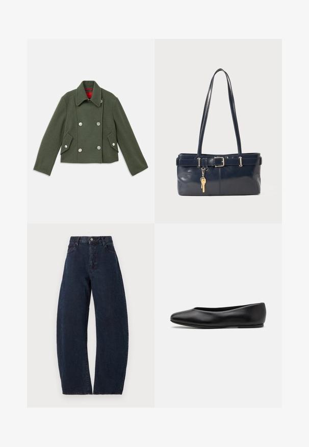 Doppelt gefütterte Jacke aus dunkelgrünem Wollmix mit silbernen runden Knöpfen, Reverskragen und zwei schrägen Fronttaschen. Rote Innenfutterdetails.; Gestreifte Bluse mit weißem Grund, versehen mit schmalen, mehrfarbigen Linien in Blau, Orange und Grün. Lange Ärmel und klassischer Kragen.; Hoch taillierte, weit geschnittene Jeans aus dunkelblauem Denim. Mit Knopfverschluss, fünf Taschen und subtiler Textur. Keine sichtbaren Muster oder Akzente.; Paul Smith TOPANGA - Klassischer Ballerina - black; Marineblaue Lederhandtasche mit zwei langen Griffen, einer Schnallen-Detailierung und einem daran befestigten Schlüsselanhänger. Besitzt eine glatte Textur und eine rechteckige Form.