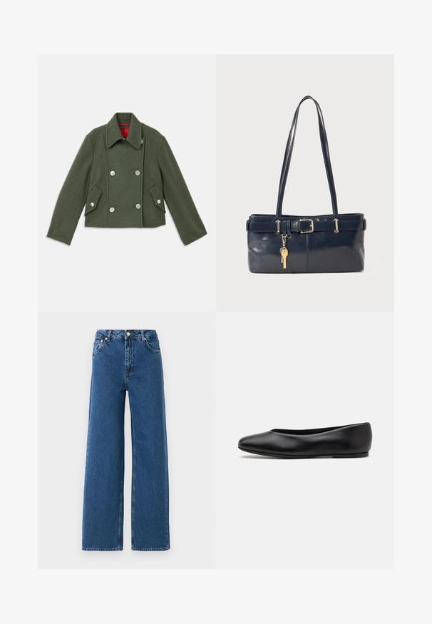 Blazer duplo em mistura de lã verde escuro com botões redondos prateados, colarinho de pico e dois bolsos frontais angulados. Detalhe em forro vermelho.; Camisa de botões às riscas com uma base branca, apresentando linhas finas e multicoloridas em azul, laranja e verde. Mangas longas e colarinho clássico.; Jeans de cintura alta e pernas largas, de cor azul, com fecho frontal por botão e zip, bolsos frontais e passantes para cinto, num fundo branco.; Paul Smith TOPANGA - Sabrinas - black; Bolsa de couro azul-marinho com duas alças longas, um detalhe de fivela e um porta-chaves anexado. Apresenta uma textura suave e uma forma retangular.