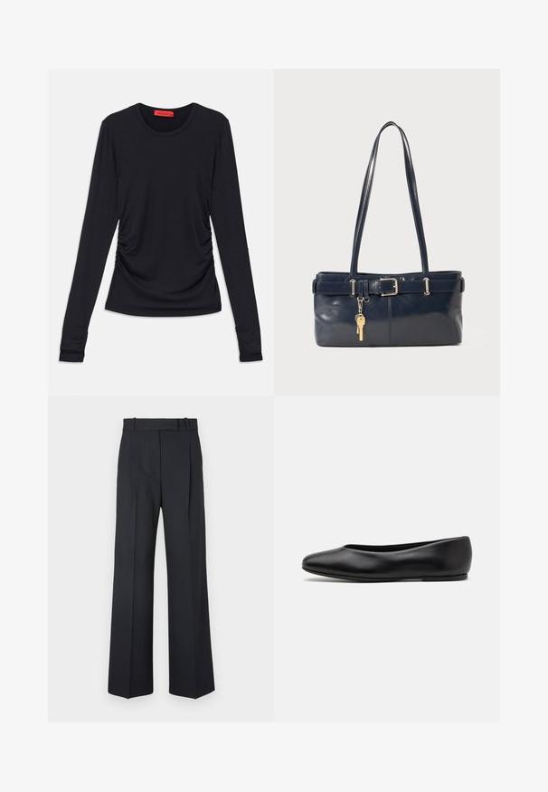 Doppelt gefütterte Jacke aus dunkelgrünem Wollmix mit silbernen runden Knöpfen, Reverskragen und zwei schrägen Fronttaschen. Rote Innenfutterdetails.; Schwarzes Langarmoberteil mit rundem Ausschnitt, das seitliche Raffungselemente und schmale Bündchen aufweist. Hergestellt aus einem glatten, weichen Stoff.; Dunkelblaue Nadelstreifenhosen mit hoher Taille, weit geschnittenem Bein und ohne sichtbare Beschläge oder Verzierungen. Glatte Textur und taillierte Passform.; Paul Smith TOPANGA - Klassischer Ballerina - black; Marineblaue Lederhandtasche mit zwei langen Griffen, einer Schnallen-Detailierung und einem daran befestigten Schlüsselanhänger. Besitzt eine glatte Textur und eine rechteckige Form.