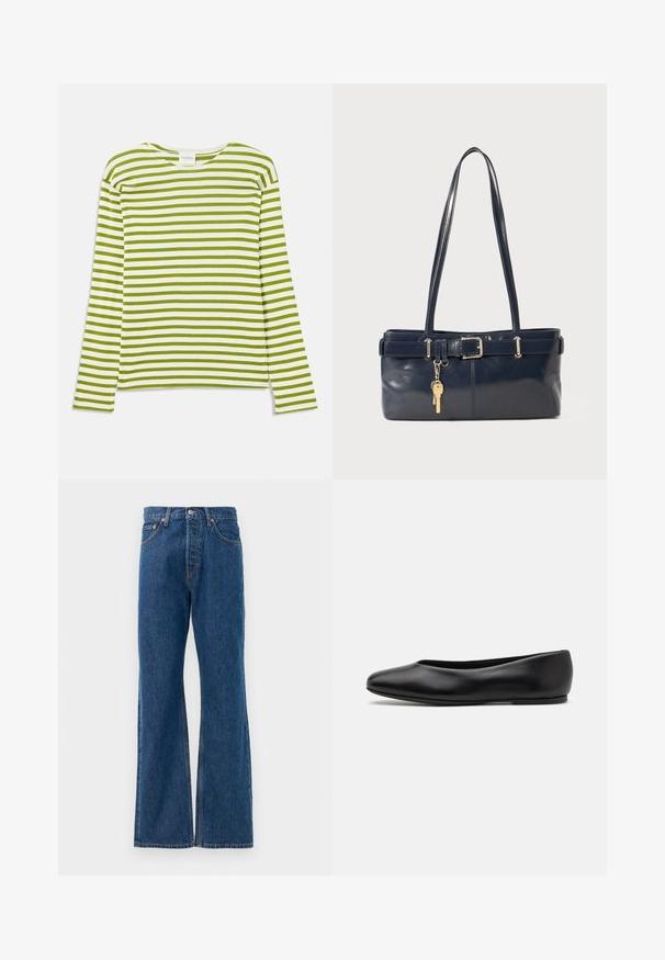 Dvojni plašč iz temno zelene mešanice volne s srebrnimi okroglimi gumbi, zareznim ovratnikom in dvema nagnjenima sprednjima žepoma. Rdeča podloga.; Majica z dolgimi rokavi z vodoravnimi zelenimi in belimi črtami, okroglim izrezom, mehkim materialom ter ravnim krojem s sproščenim fitom.; Prugasta srajca z gumbniki z belo podlago, ki vključuje ozke večbarvne črte v modri, oranžni in zeleni barvi. Dolgi rokavi in klasičen ovratnik.; Modre flared jeans iz denima z visokim pasom, opremljene s petimi žepi, srebrnim gumbom za zapiranje in vidnimi šivi.; Paul Smith TOPANGA - Balerinke - black; Mornarska usnjena torbica z dvema dolgima ročajema, dodatkom z zaponko in pritrjeno ključavnico. Ima gladko teksturo in pravokotno obliko.