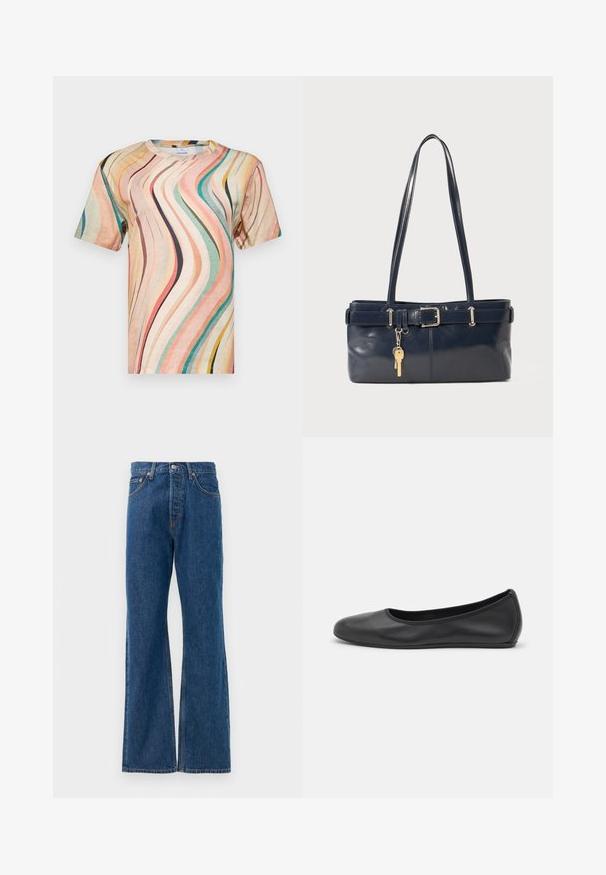 Dvostruko dugme jakna od tamnozelenog vune sa srebrnim okruglim dugmadi, oštrim kragnom i dva kuta prednja džepa. Detalj podstave u crvenoj boji.; Majica s kratkim rukavima izrađena od mekog materijala, s višebojnim valovitim uzorkom u nijansama ružičaste, tirkizne i žute boje te okruglim izrezom.; Plave traperice s flared krojem i visokim strukom, sa pet džepova, srebrnim zatvaranjem na dugme i vidljivim šavovima.; Crne kožne baletanke s zaobljenim vrhom, glatke teksture, minimalnim detaljima šavova i fleksibilnim dizajnom potplata.; Morska kožna torbica s dva duga ramena, detaljem kopče i privjeskom za ključeve. Ima glatku teksturu i pravokutni oblik.