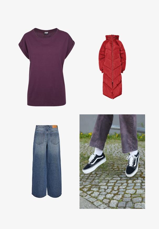 Lungo piumino rosso con cappuccio, dotato di una cerniera frontale, imbottitura a cuciture a spina di pesce e polsini elastici. Realizzato in materiale lucido e isolante.; Maglione grigio lavorato a maglia con scollatura rotonda, spalle scese e polsini e orlo a costine. Tessuto liscio con un colore uniforme e minimi dettagli.; T-shirt in cotone viola, vestibilità ampia, scollatura rotonda, maniche corte arrotolate e orlo dritto. Design minimalista senza motivi o dettagli visibili.; Culotte in denim a gamba larga in un lavaggio blu medio con una texture sbiadita, dotate di due tasche posteriori e un'etichetta in pelle marrone del marchio sulla vita.; Sneaker in suede nero con dettagli bianchi, caratterizzati da una punta arrotondata, suola spessa bianca e design classico con lacci, indossati con calze bianche e pantaloni viola.